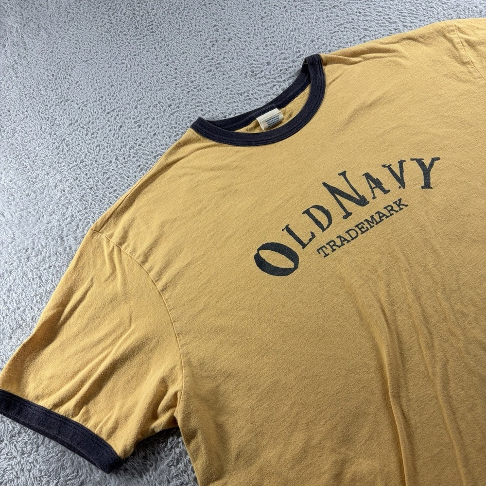 VINTAGE Old Navy Ringer Shirt Mens XL Yellow Navy Blue Cotton Retro